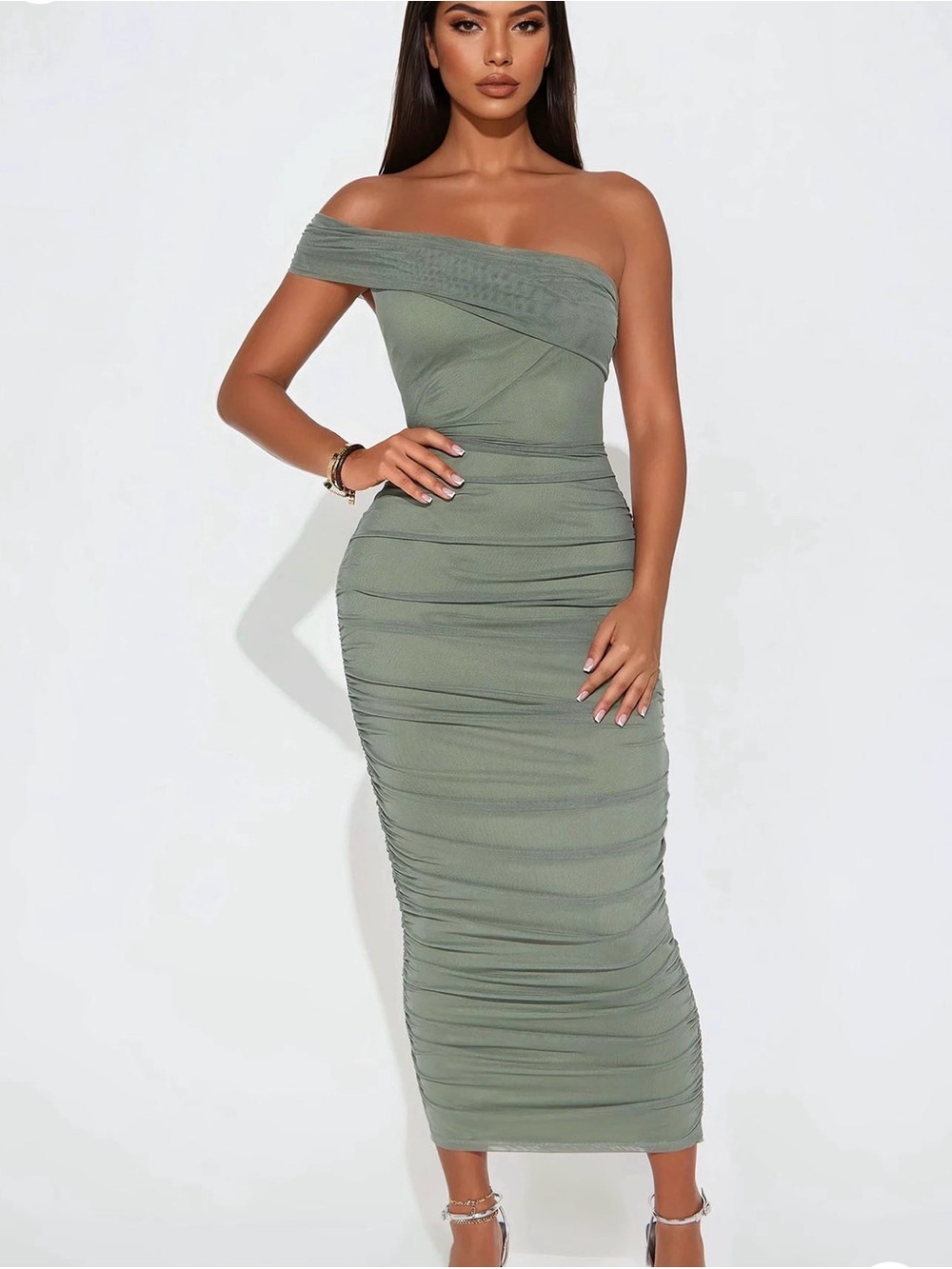 One-Shoulder Olive Ruched Bodycon Midi Dress
